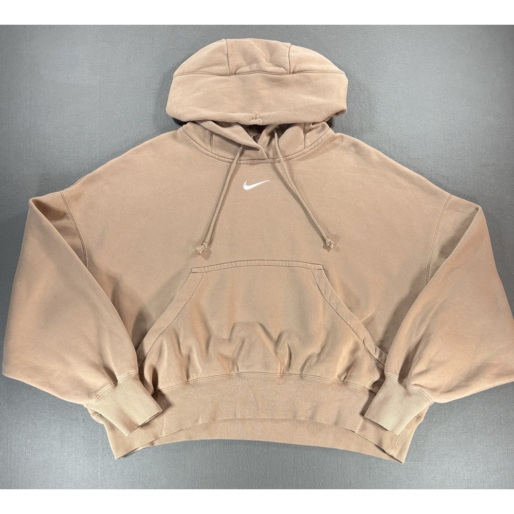 Womens Size S Nike Phoenix Hoodie Oversized Cropped Fit Center Swoosh Beige Tan